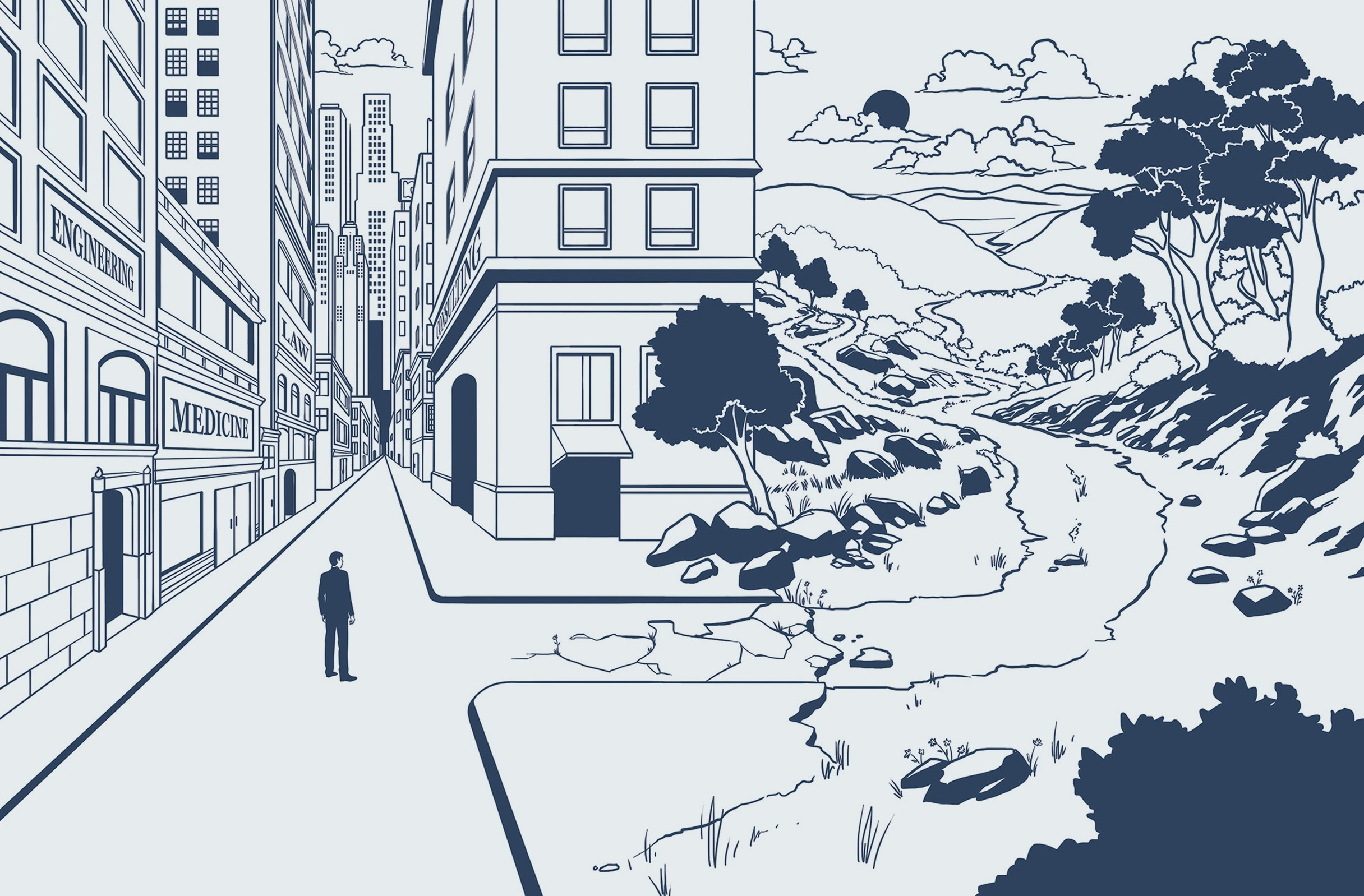 An illustration from the book: a city street opening into open country