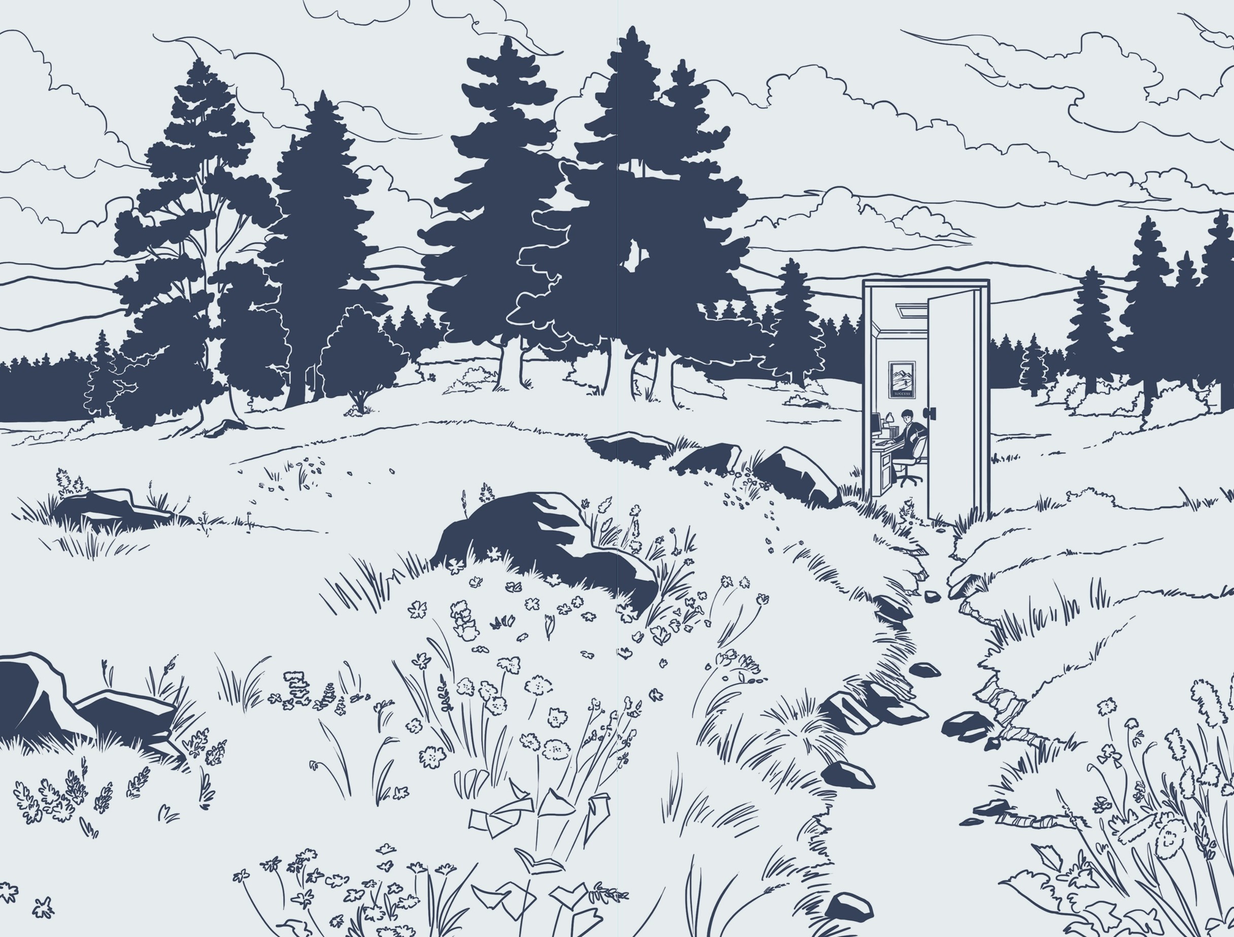 An illustration from the book: an office door standing open in a meadow